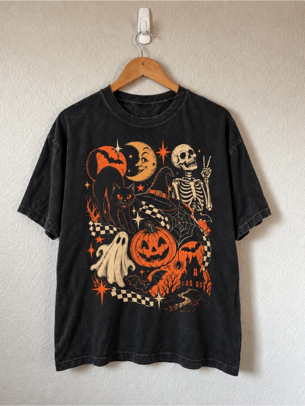 Halloween Skeleton Pumpkin Ghost Graphic T-Shirt Black Unisex
